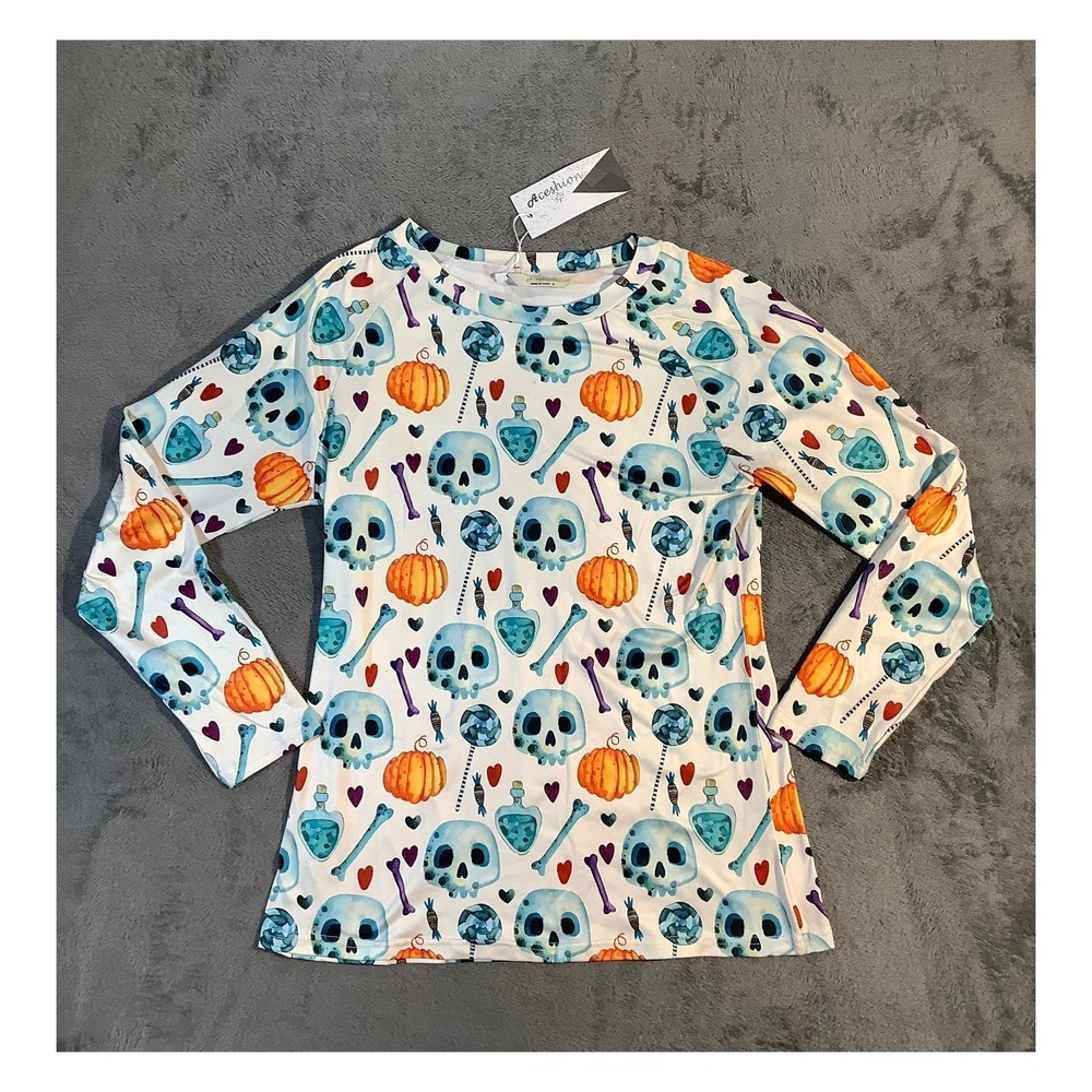 Aceshion Women's Halloween Long Sleeve T-Shirt Skulls‎ Pumpkins Size Small NWT